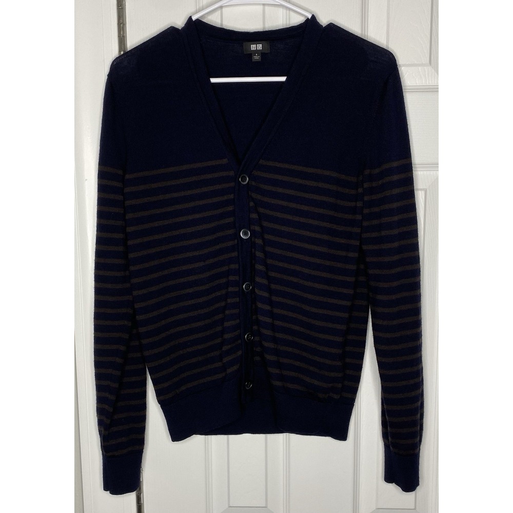 Uniqlo Women's 100% Wool Striped Cardigan Sweater Blue‎ Brown Size Small *read*